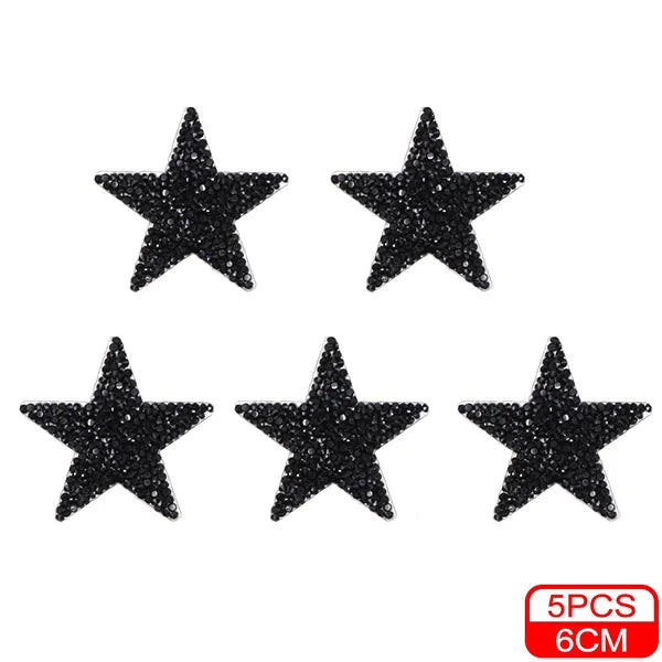 Five black glitter rhinestone star patches for clothing and accessories