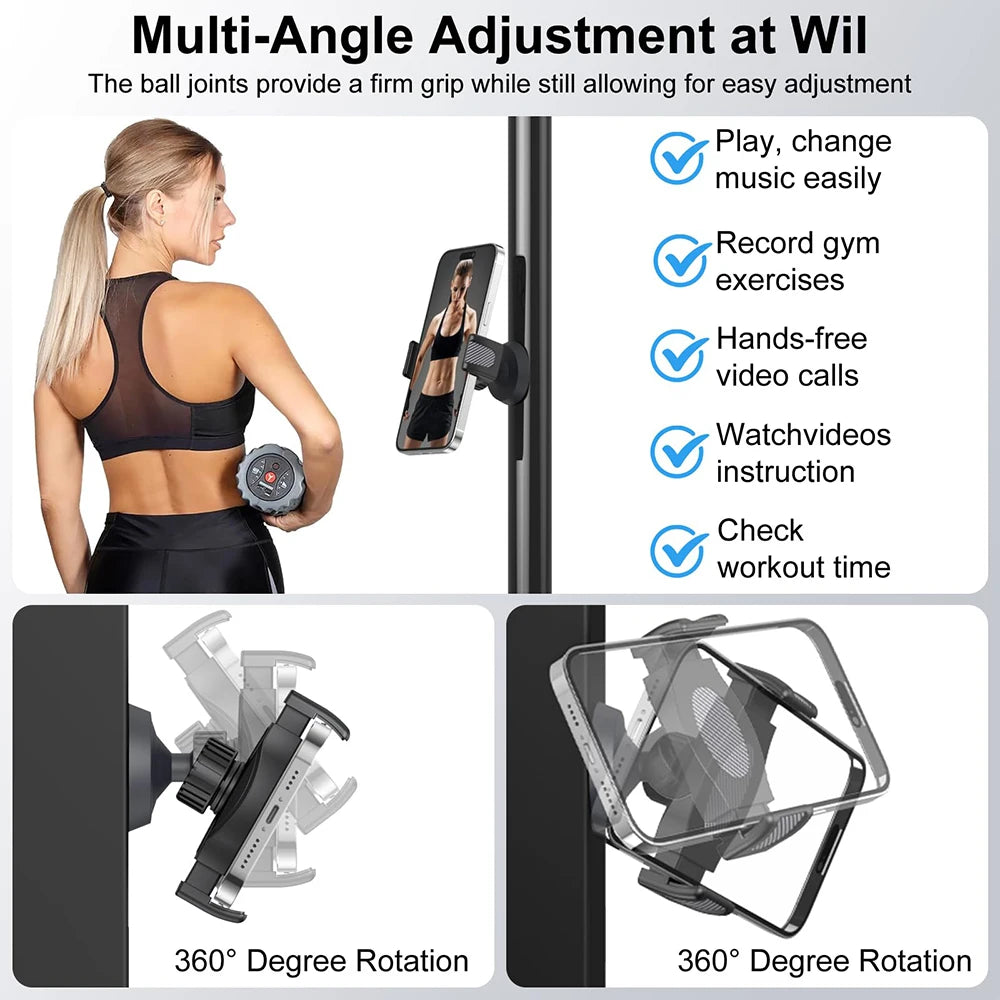 Multi-angle adjustment magnetic phone holder for gym workouts showing various usage angles