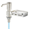 A chrome kitchen faucet with a built-in soap dispenser and sponge holder attached to a blue water line.