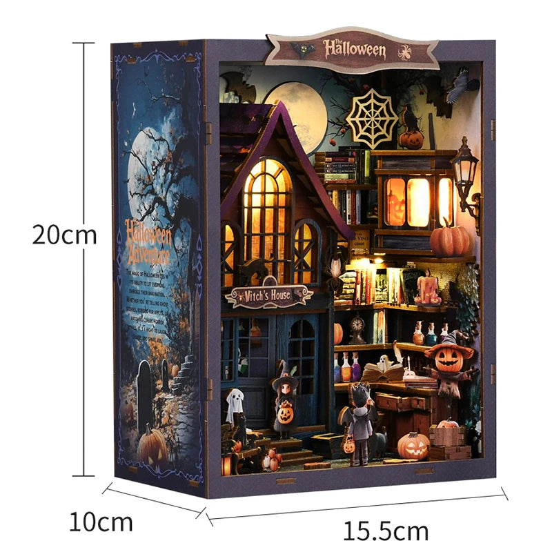 A wooden dollhouse miniature assembly kit featuring a witch's house facade with LED lighting and decorative elements.