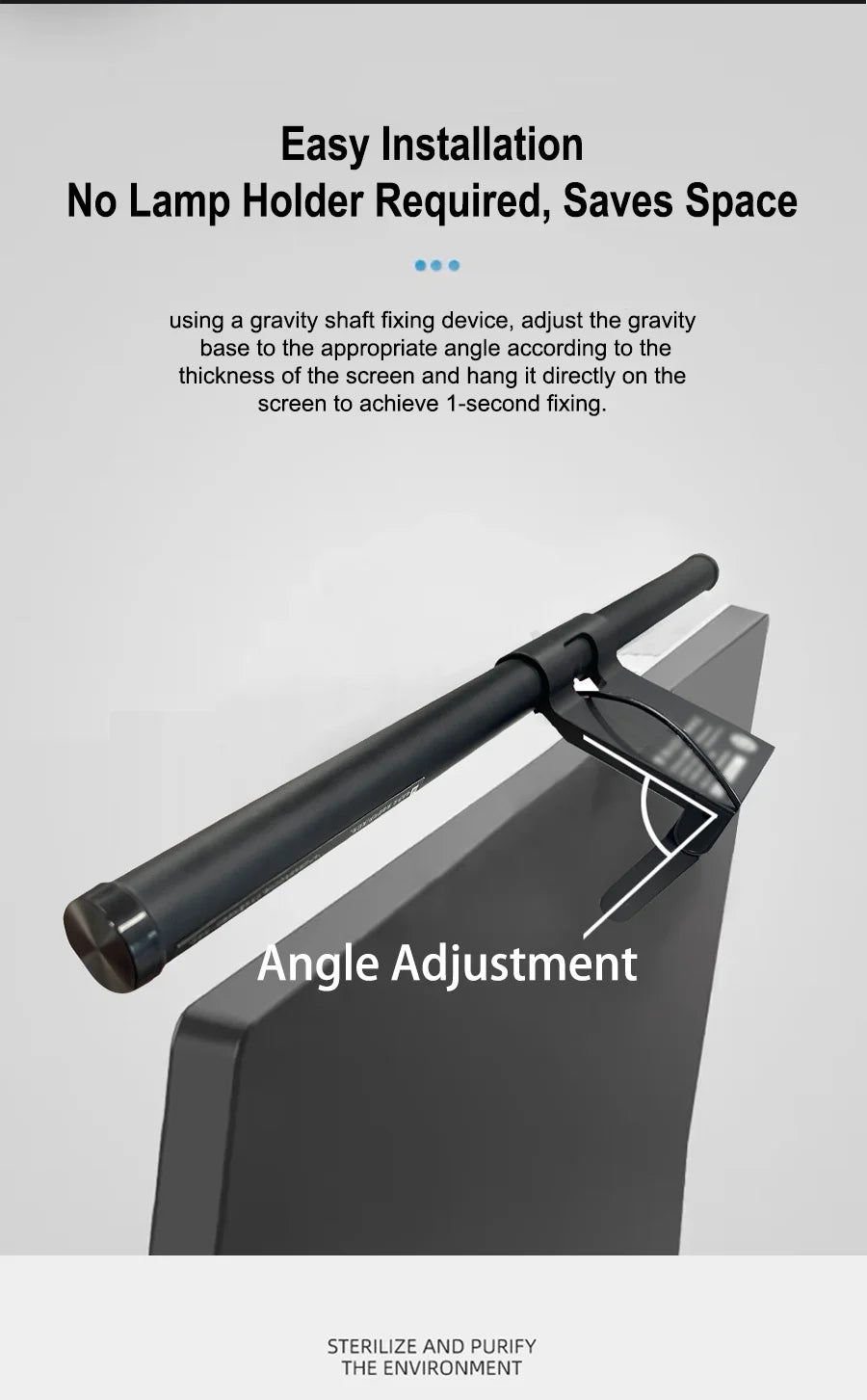 A black clip-on LED monitor light bar is shown with an angle adjustment mechanism, positioned above a dark surface.