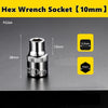 A silver hex wrench socket with a 10mm drive and a 13mm length is shown against a dark background.