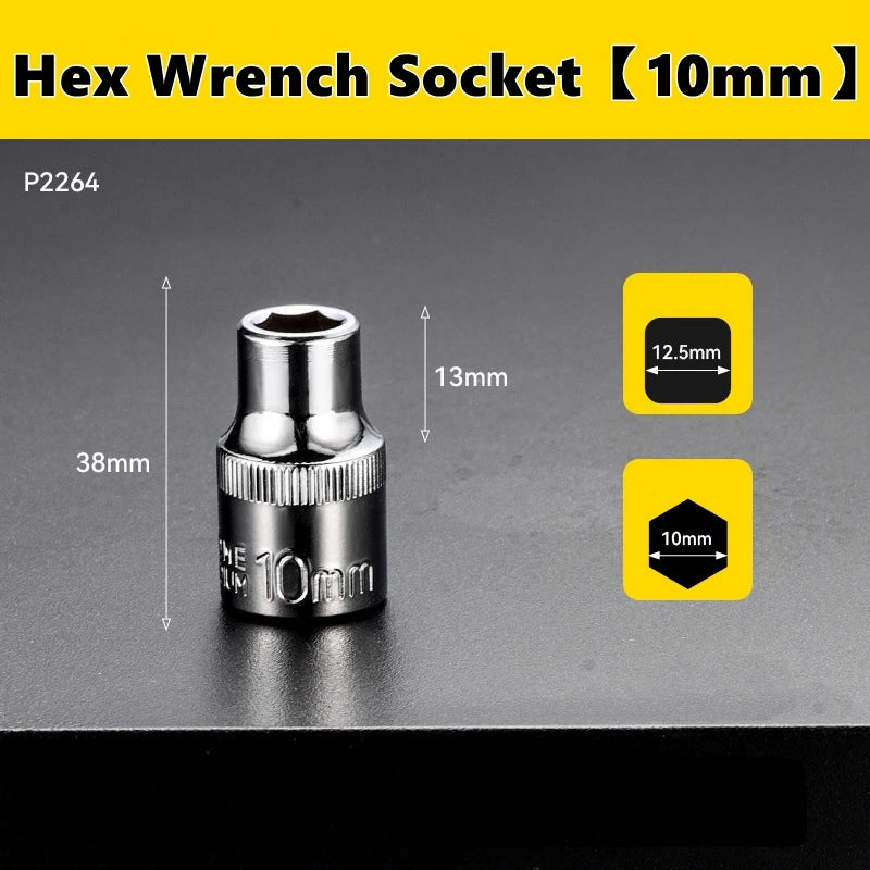 A silver hex wrench socket with a 10mm drive and a 13mm length is shown against a dark background.