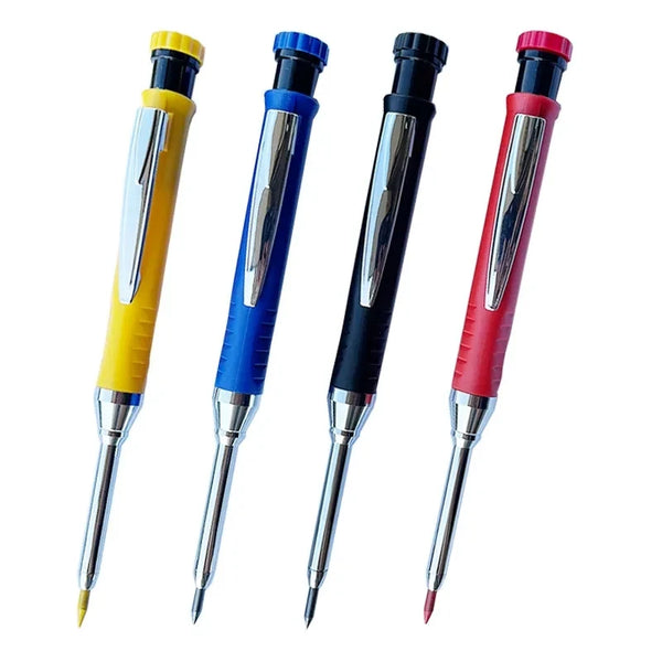 A set of four heavy-duty carpenter mechanical pencils in yellow, blue, black, and red.