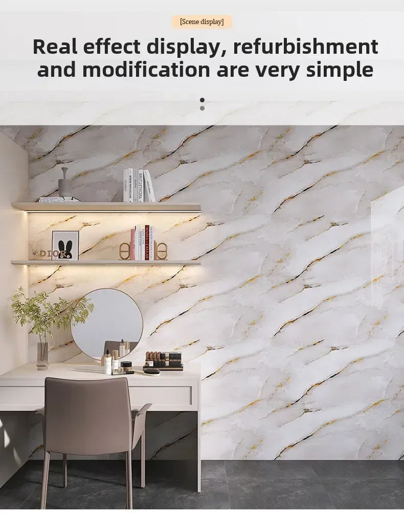 A display showing a wall with marble-patterned tiles and wooden shelves, demonstrating simple refurbishment and modification.