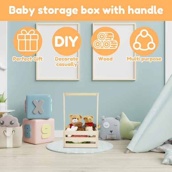A wooden storage box with a handle is displayed on a light blue wall next to decorative signs.