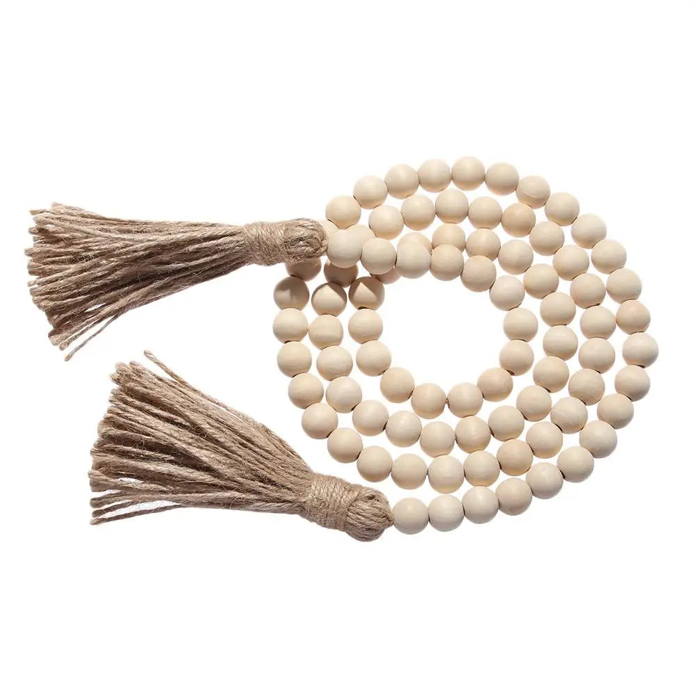 Handcrafted Natural Wood Bead Garland with Tassels for Boho & Farmhouse Decor