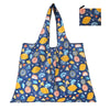 A reusable shopping tote bag featuring a blue and yellow citrus fruit pattern.