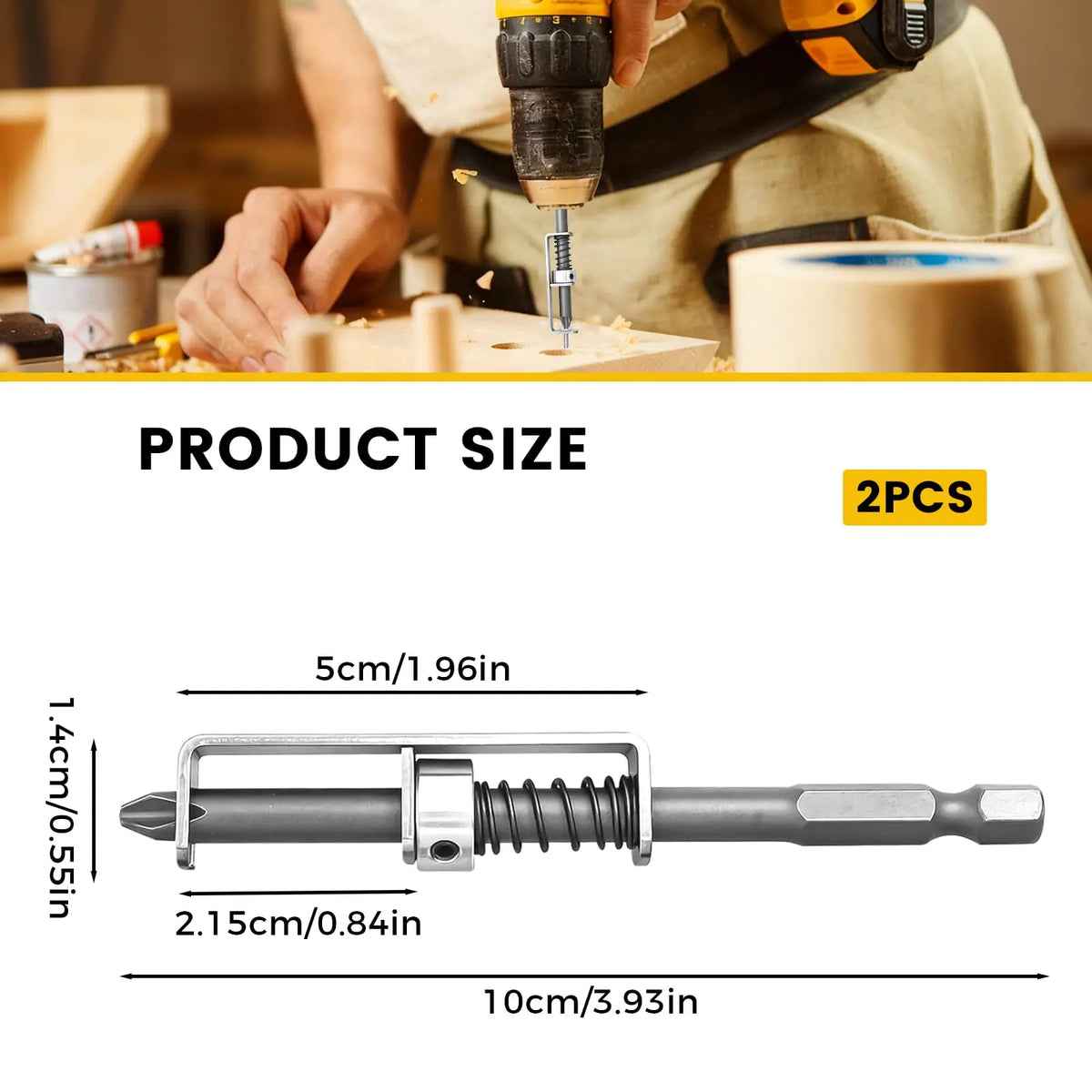 A silver spring-loaded magnetic screw holder bit is shown next to a wooden block, with dimensions provided.