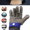 A pair of gray cut-proof steel wire gloves with a blue wrist strap and a white glove shown against a dark background.