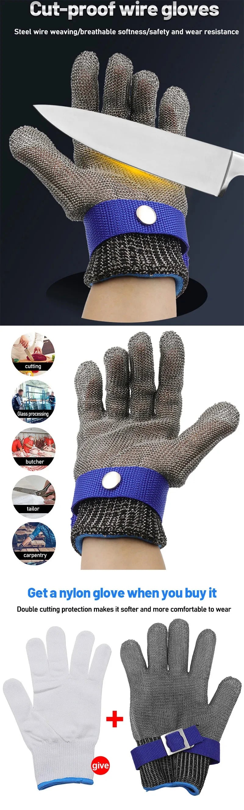 A pair of gray cut-proof steel wire gloves with a blue wrist strap and a white glove shown against a dark background.