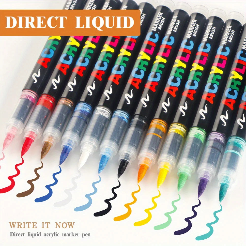 A set of black liquid acrylic marker pens with various colored tips and wavy ink lines.