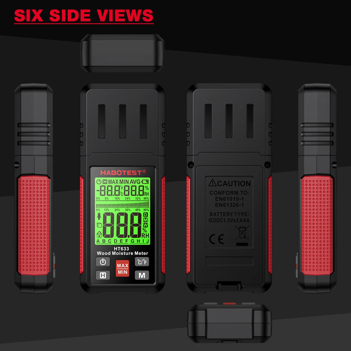 Six side views of a digital wood moisture meter with an LCD display and battery compartment.