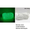 White polyester yarn with green glow, 50 meters long, used for knitting and crochet.