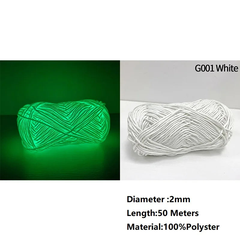 White polyester yarn with green glow, 50 meters long, used for knitting and crochet.