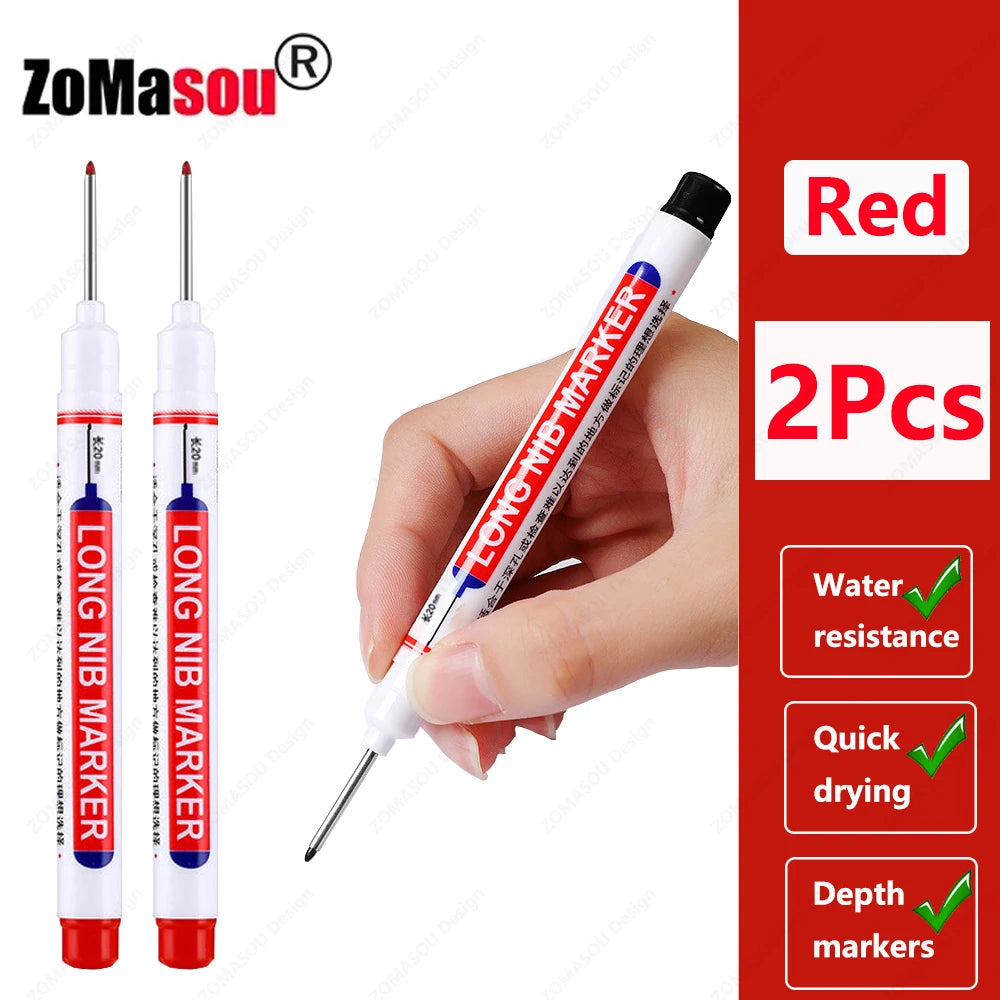 A hand holds a red long marker pen with a needle tip, demonstrating the 2pcs red depth markers.