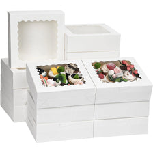 White bakery boxes with clear windows for displaying cookies, pastries, and party treats.