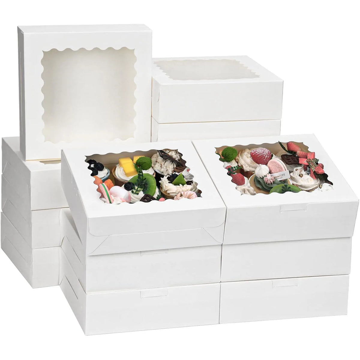 White bakery boxes with clear windows for displaying cookies, pastries, and party treats.