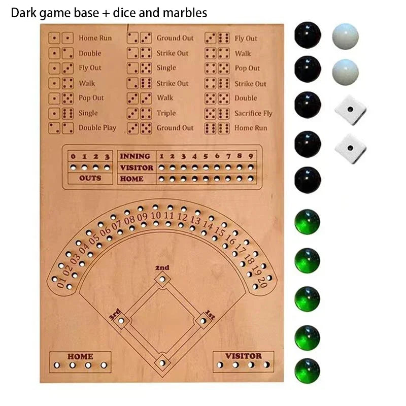Holz-Baseball-Würfelspiel mit Pitching-/Hitting-Strecke und verschiedenen Würfeln zum Spielen.