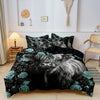 Black and white Highland cow print bedding set featuring a duvet cover and pillowcases.