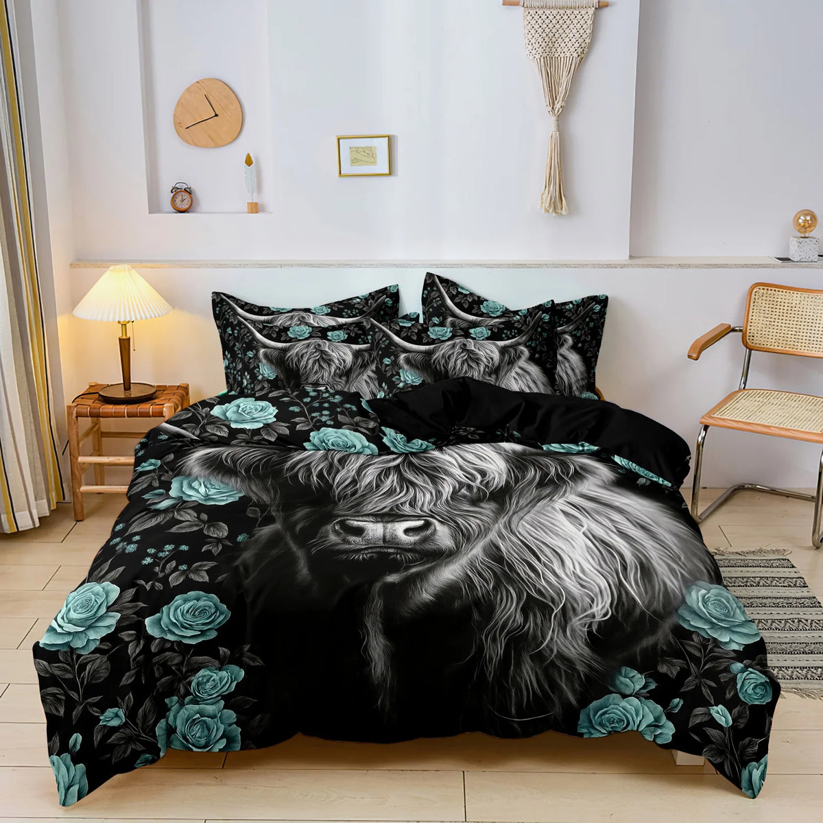 Black and white Highland cow print bedding set featuring a duvet cover and pillowcases.