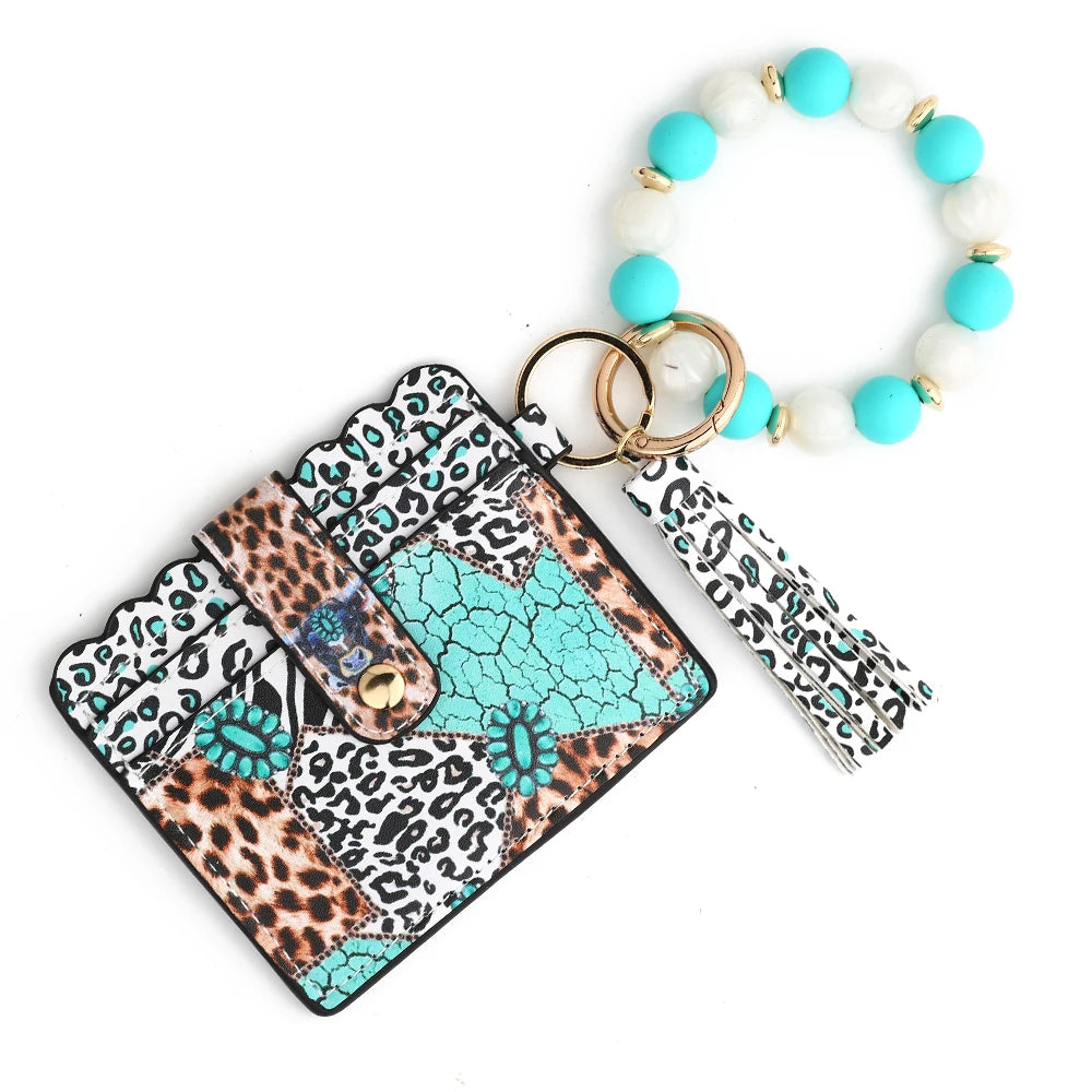 Silicone Bead Bracelet with Leather Card Holder and Tassel