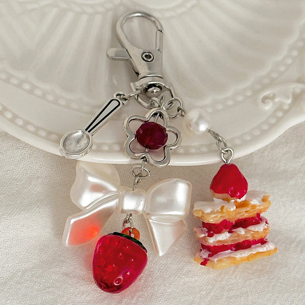 Strawberry Cake Bag Charm with Pearl Bowknot