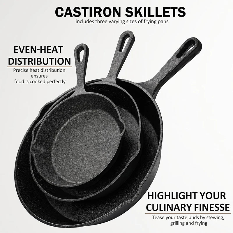 A stack of black Castiron skillets, including three varying sizes of frying pans, designed for even-heat distribution.