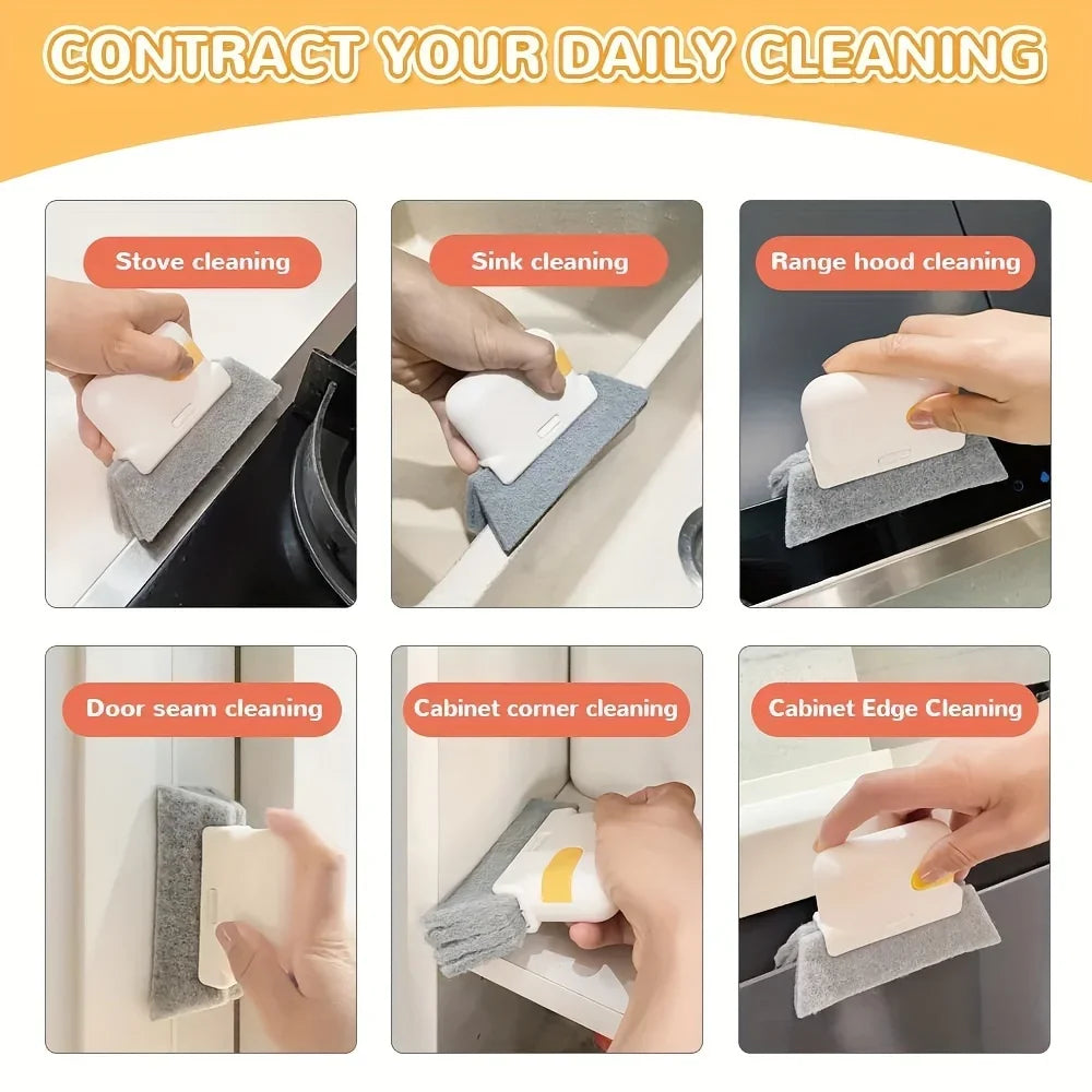 A set of multi-purpose cleaning brushes used for cleaning various household surfaces like stoves, sinks, range hoods, door se