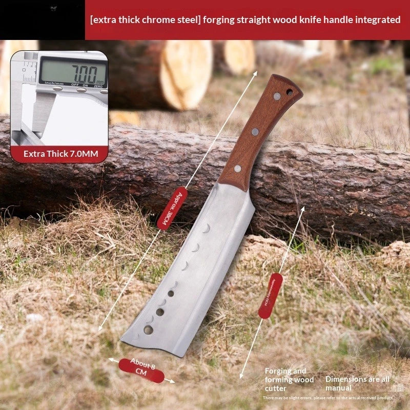 A knife with a wooden handle and chrome steel blade is shown resting on a log in an outdoor setting.
