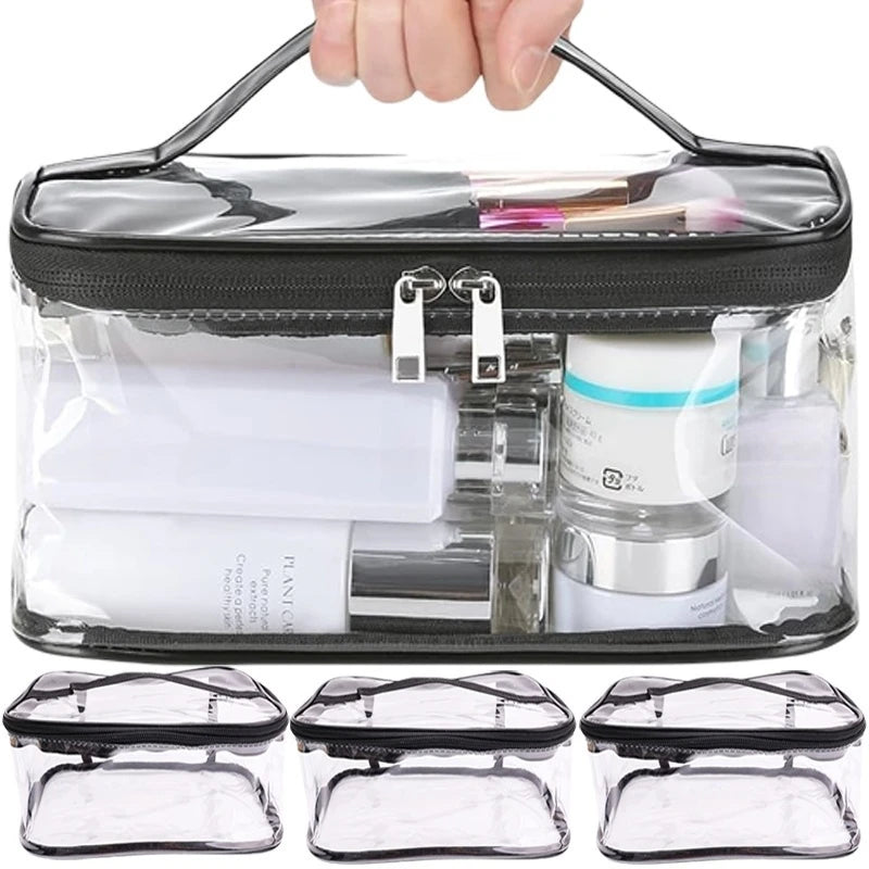 Clear transparent storage bag with zipper for toys, cosmetics, and travel items.