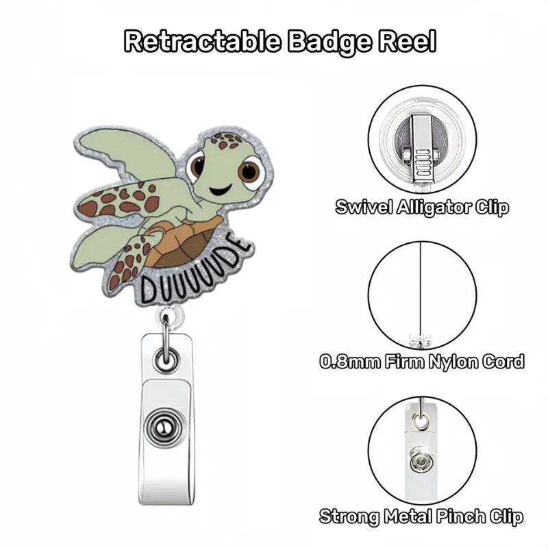 A glitter acrylic badge reel featuring a lizard charm with a swivel alligator clip and a strong metal pinch clip.