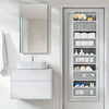 A gray 5-shelf hanging storage organizer for doors and walls with various bathroom and personal care items.