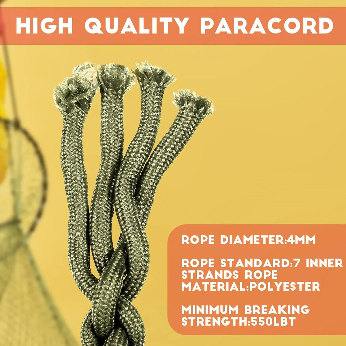 A bundle of gray paracord rope with a metal clip and key ring displayed against a yellow background.