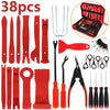 A collection of 38 auto trim removal tools in red and black, including various blades, picks, and tools, shown with a storage
