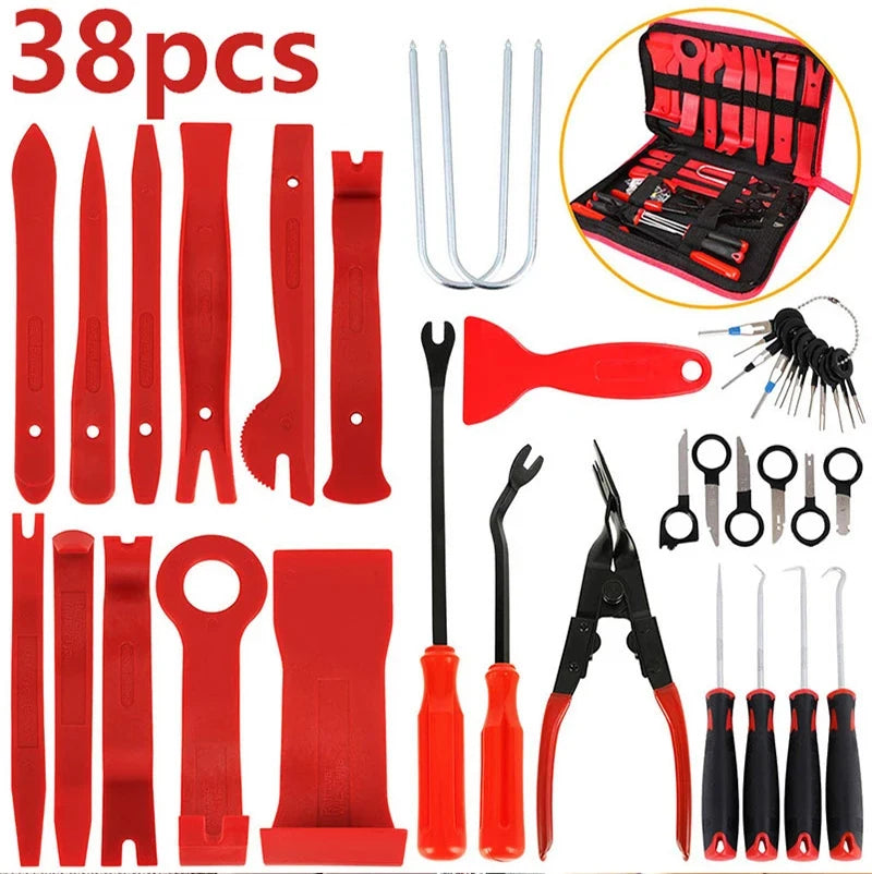 A collection of 38 auto trim removal tools in red and black, including various blades, picks, and tools, shown with a storage