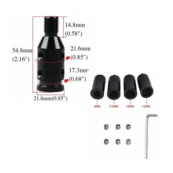 A black gear shift knob adapter with various sized inserts and a mounting rod.