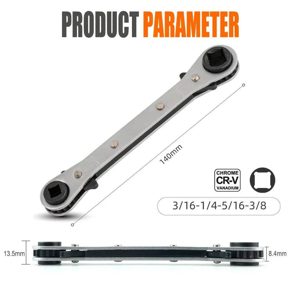 Double-Ended Ratchet Wrench for Refrigeration Valves – 4 Size Options