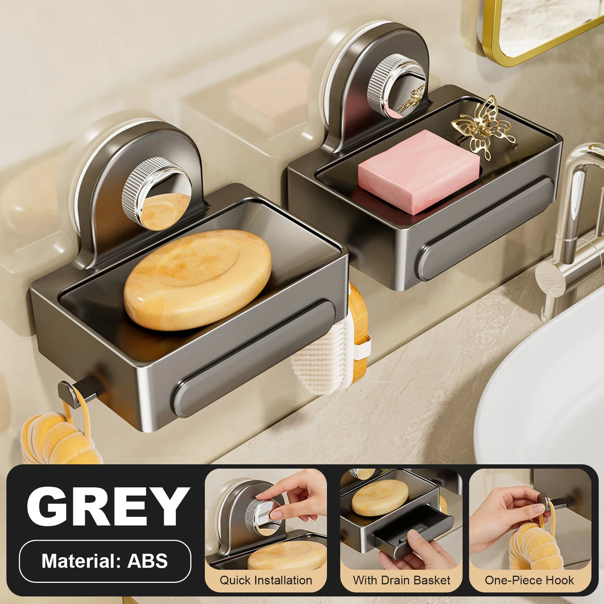 Grey wall-mounted soap dish with drain tray made of ABS featuring quick installation and a one-piece hook.