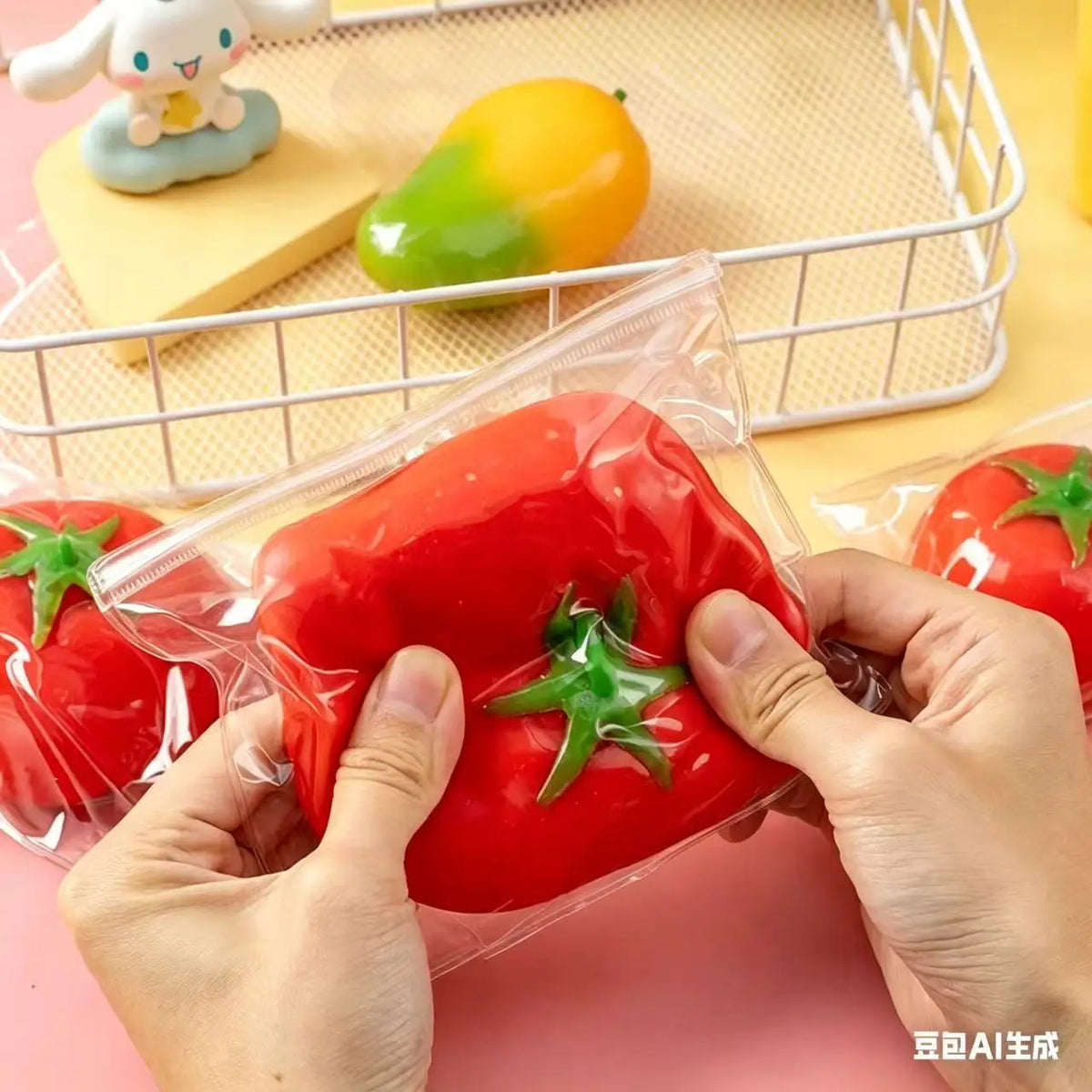 Mains tenant une balle anti-stress en patate rouge vif et montée lentement dans un emballage en plastique transparent