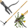 A silver and wood weed puller tool with a long handle and adjustable jaws for removing weeds.