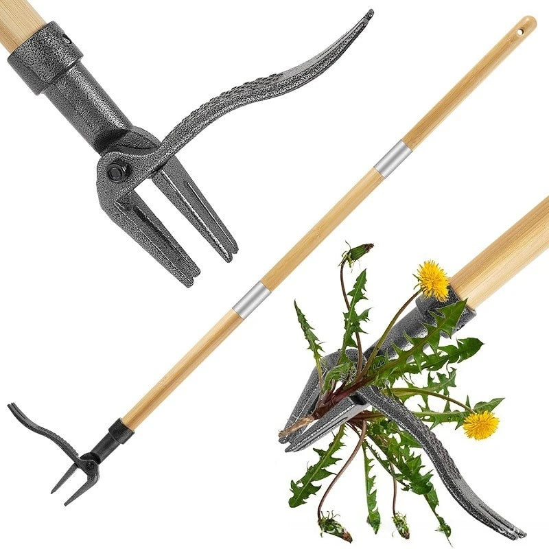 A silver and wood weed puller tool with a long handle and adjustable jaws for removing weeds.