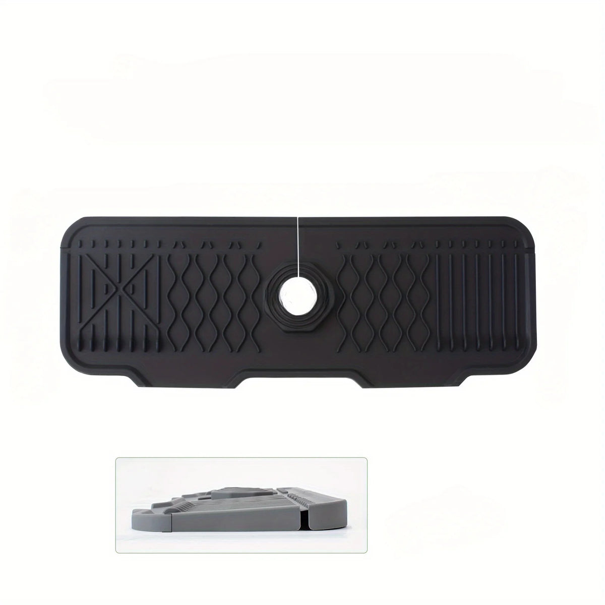 Black silicone faucet splash guard with a foldable edge and a central hole.