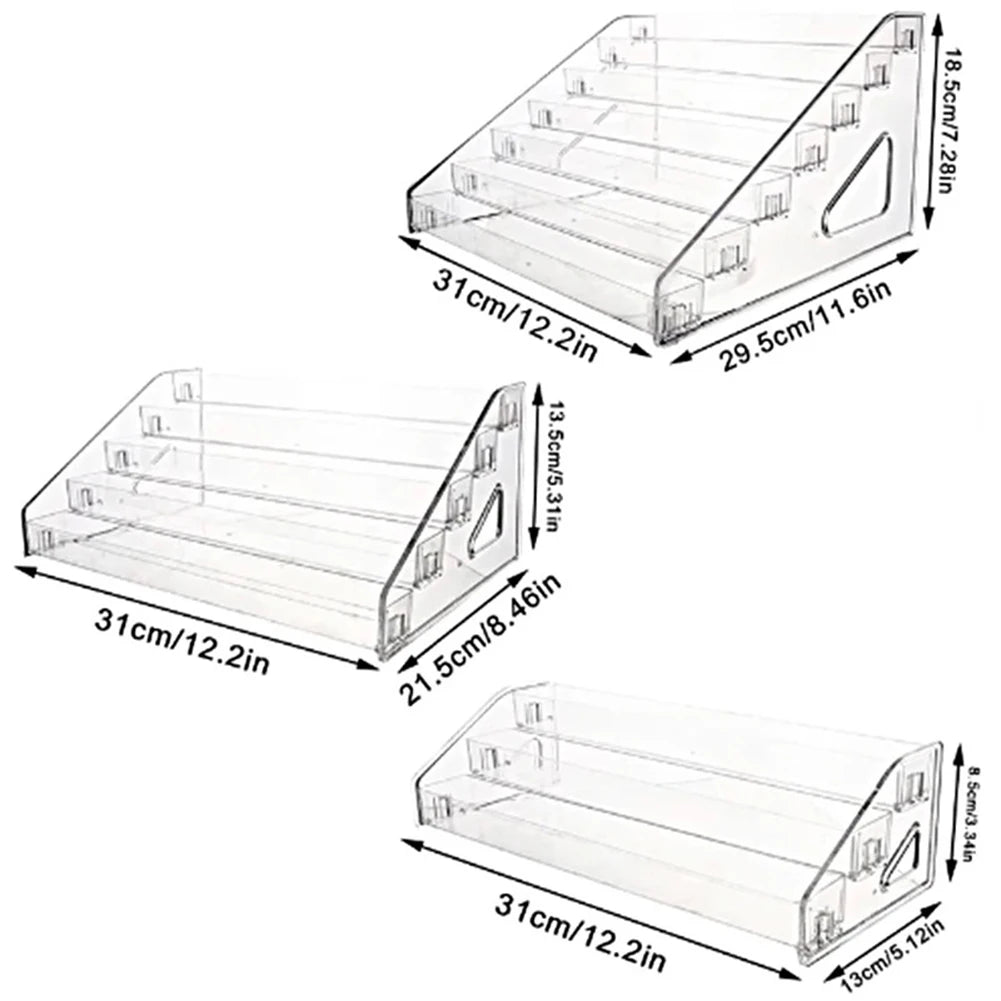 Diagrams showing the dimensions and profiles of an acrylic ladder display stand.