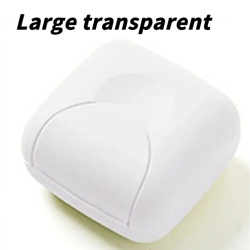 A large transparent white portable soap holder with a lid shown from above.