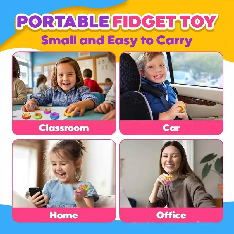 Portable fidget toy silicone ring shown in various contexts like classroom, car, home, and office.
