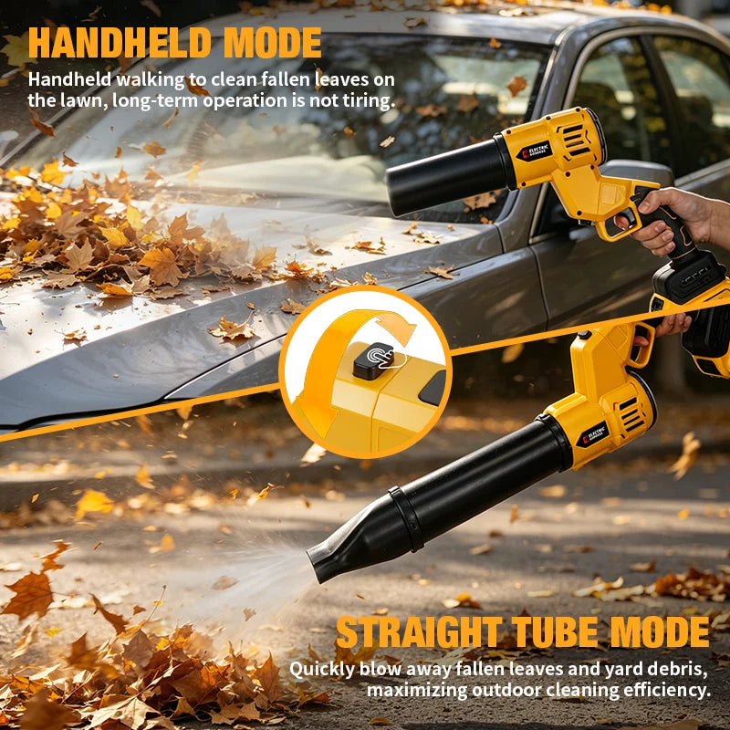 A person uses a handheld mode and straight tube mode cleaning tool to blow fallen leaves off a car.