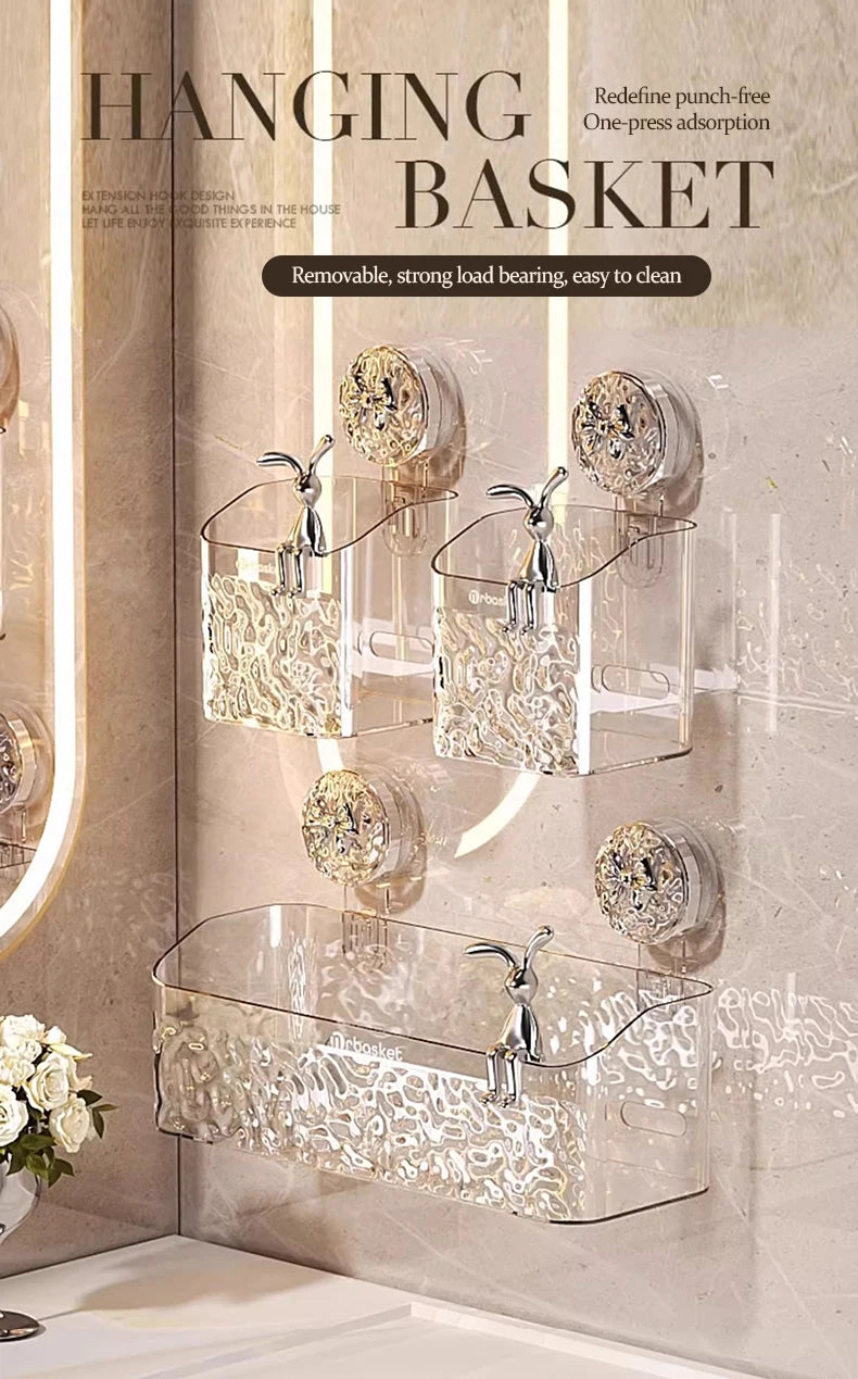 A set of clear glass hanging baskets with a water ripple design mounted on a wall