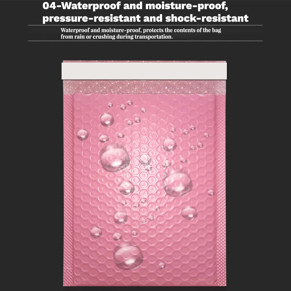 A pink self-seal padded bubble mailer with a textured surface and clear bubbles.