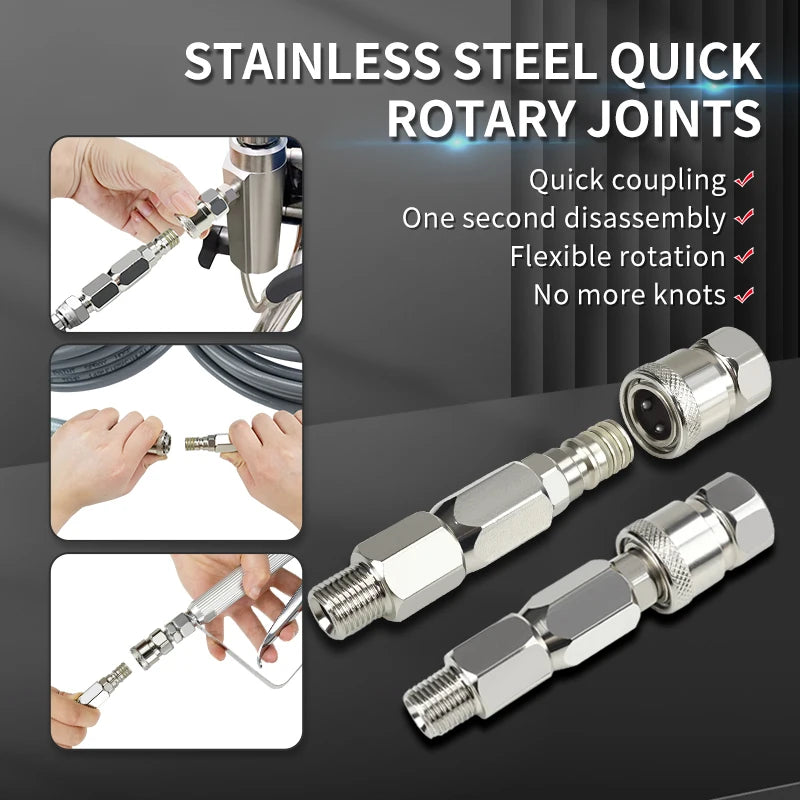 Stainless steel quick rotary joints for coupling airless spray hoses shown in various angles